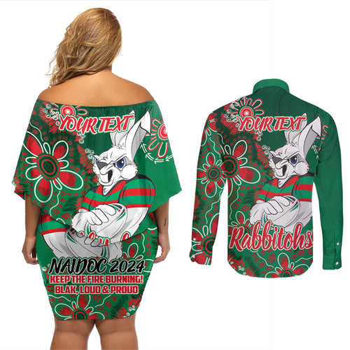 Personalised Rabbitohs NAIDOC Week 2024 Couples Matching Off Shoulder Short Dress and Long Sleeve Button Shirt Aboriginal Fire Burning Sparks