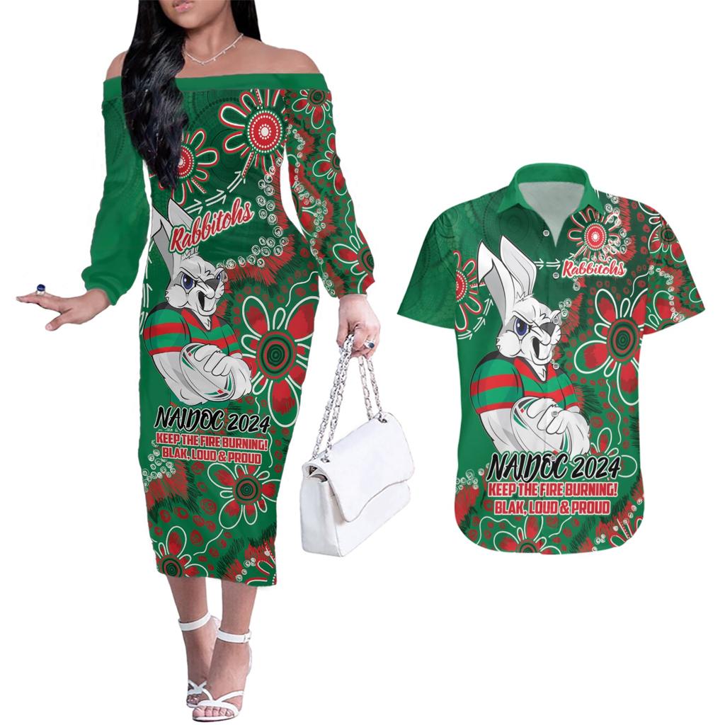 Personalised Rabbitohs NAIDOC Week 2024 Couples Matching Off The Shoulder Long Sleeve Dress and Hawaiian Shirt Aboriginal Fire Burning Sparks