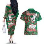 Personalised Rabbitohs NAIDOC Week 2024 Couples Matching Off The Shoulder Long Sleeve Dress and Hawaiian Shirt Aboriginal Fire Burning Sparks