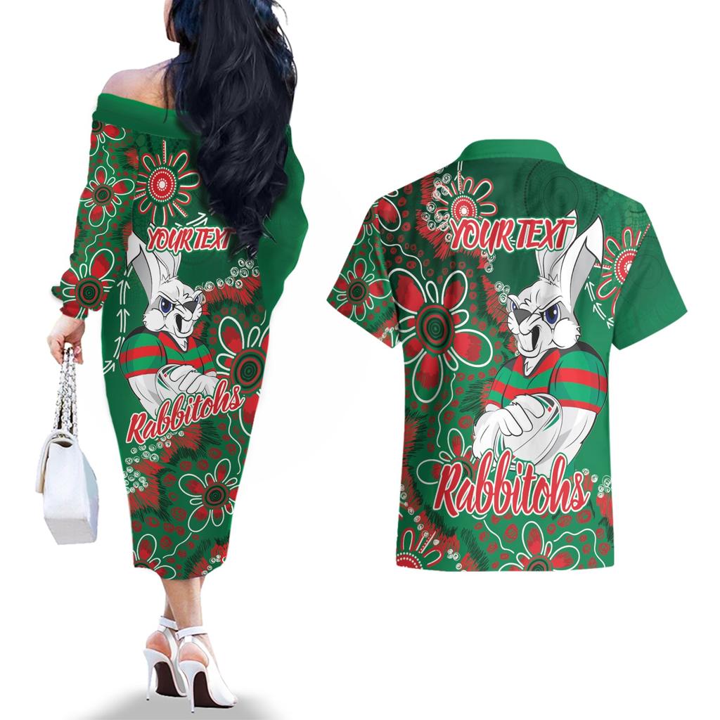Personalised Rabbitohs NAIDOC Week 2024 Couples Matching Off The Shoulder Long Sleeve Dress and Hawaiian Shirt Aboriginal Fire Burning Sparks