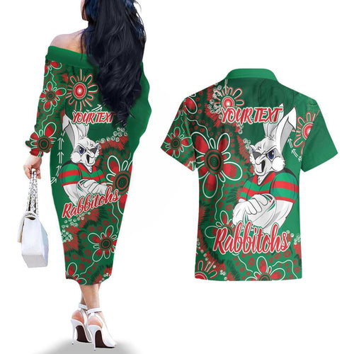 Personalised Rabbitohs NAIDOC Week 2024 Couples Matching Off The Shoulder Long Sleeve Dress and Hawaiian Shirt Aboriginal Fire Burning Sparks