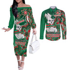 Personalised Rabbitohs NAIDOC Week 2024 Couples Matching Off The Shoulder Long Sleeve Dress and Long Sleeve Button Shirt Aboriginal Fire Burning Sparks