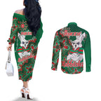 Personalised Rabbitohs NAIDOC Week 2024 Couples Matching Off The Shoulder Long Sleeve Dress and Long Sleeve Button Shirt Aboriginal Fire Burning Sparks