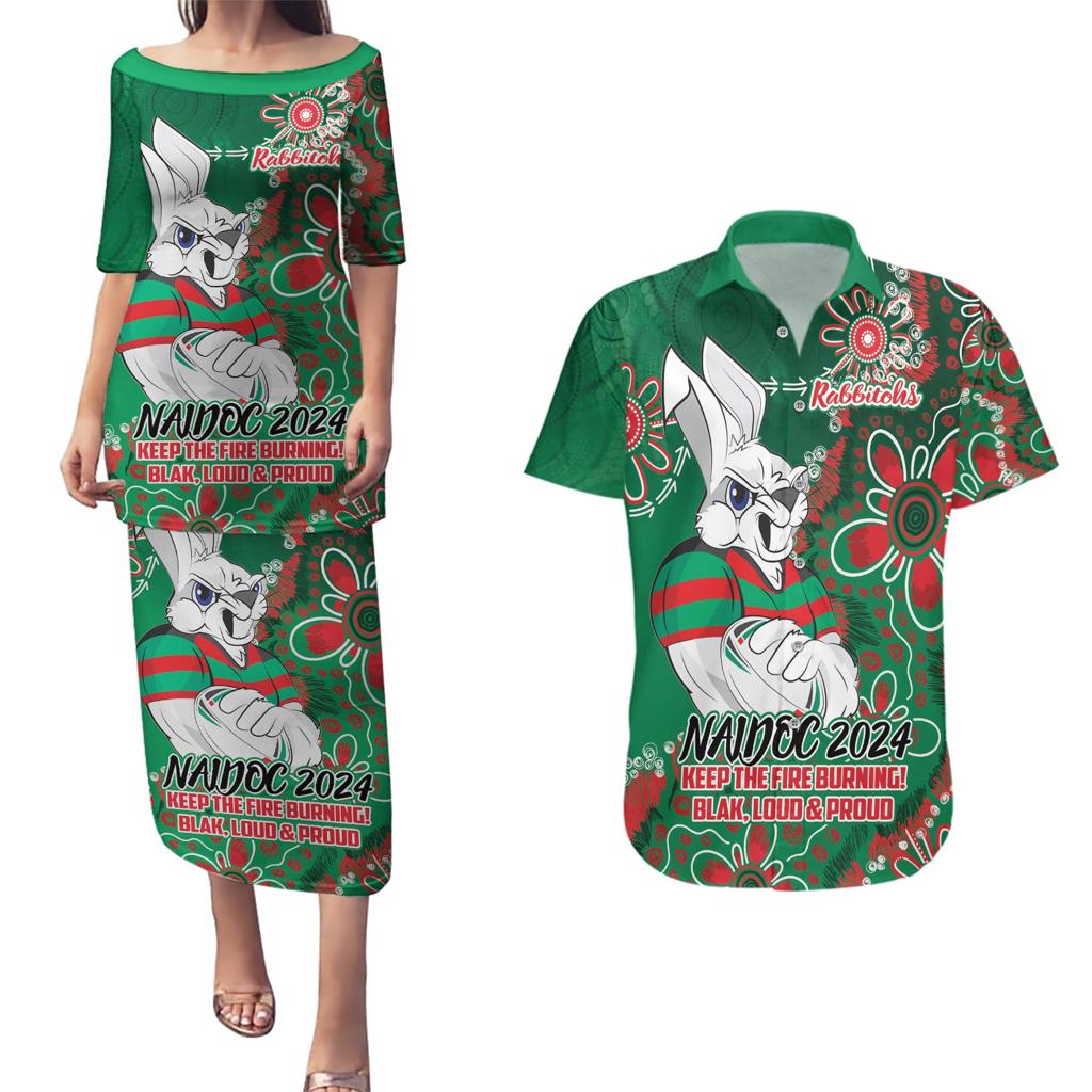 Personalised Rabbitohs NAIDOC Week 2024 Couples Matching Puletasi and Hawaiian Shirt Aboriginal Fire Burning Sparks