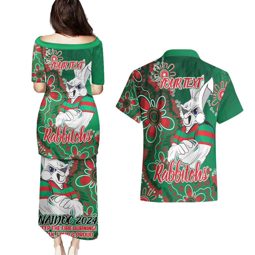 Personalised Rabbitohs NAIDOC Week 2024 Couples Matching Puletasi and Hawaiian Shirt Aboriginal Fire Burning Sparks