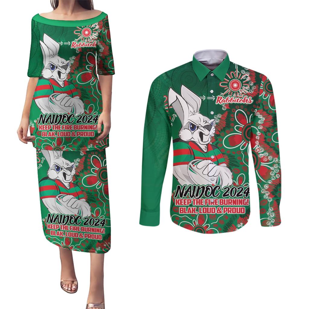 Personalised Rabbitohs NAIDOC Week 2024 Couples Matching Puletasi and Long Sleeve Button Shirt Aboriginal Fire Burning Sparks
