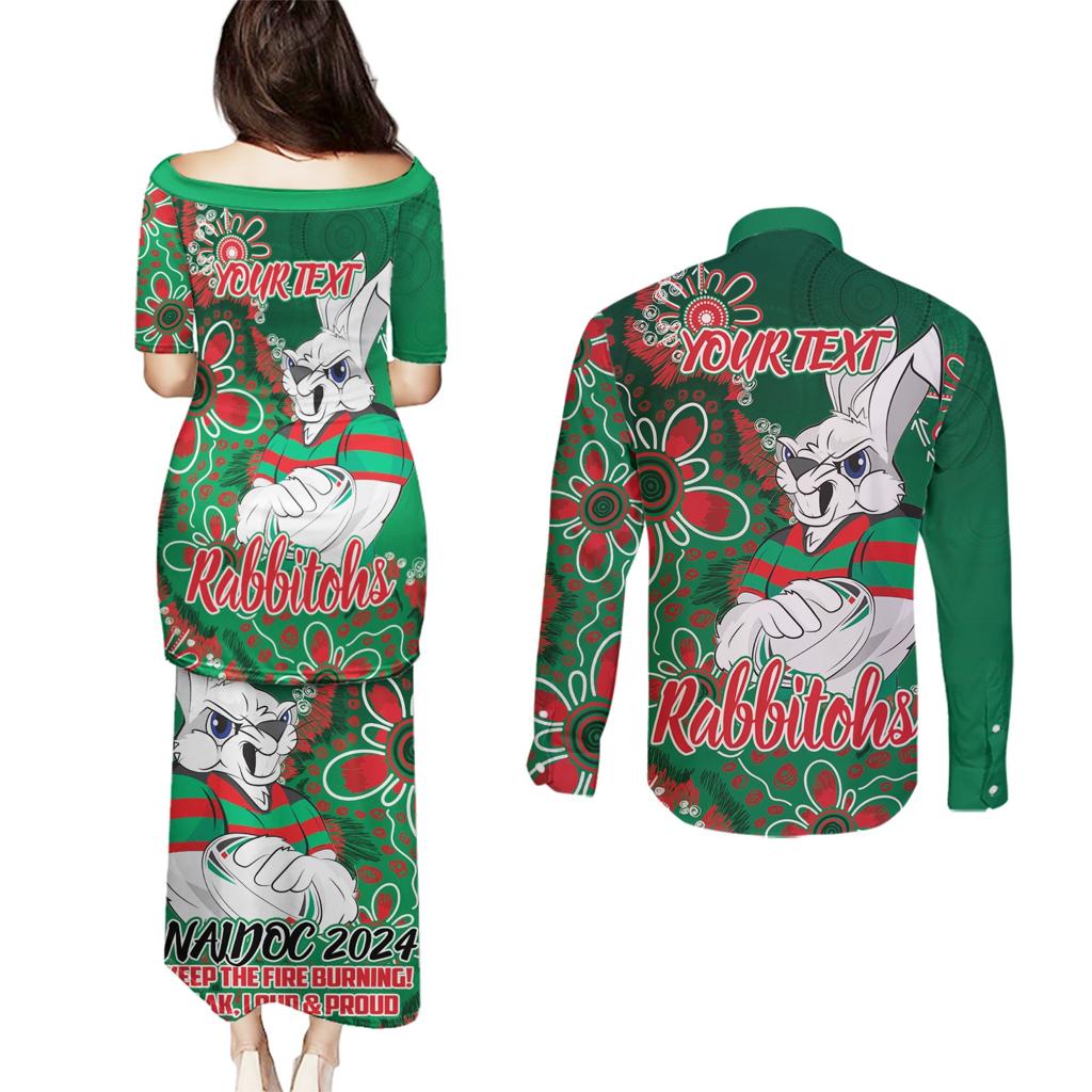 Personalised Rabbitohs NAIDOC Week 2024 Couples Matching Puletasi and Long Sleeve Button Shirt Aboriginal Fire Burning Sparks