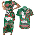 Personalised Rabbitohs NAIDOC Week 2024 Couples Matching Short Sleeve Bodycon Dress and Hawaiian Shirt Aboriginal Fire Burning Sparks