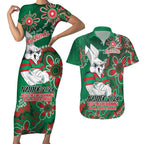 Personalised Rabbitohs NAIDOC Week 2024 Couples Matching Short Sleeve Bodycon Dress and Hawaiian Shirt Aboriginal Fire Burning Sparks