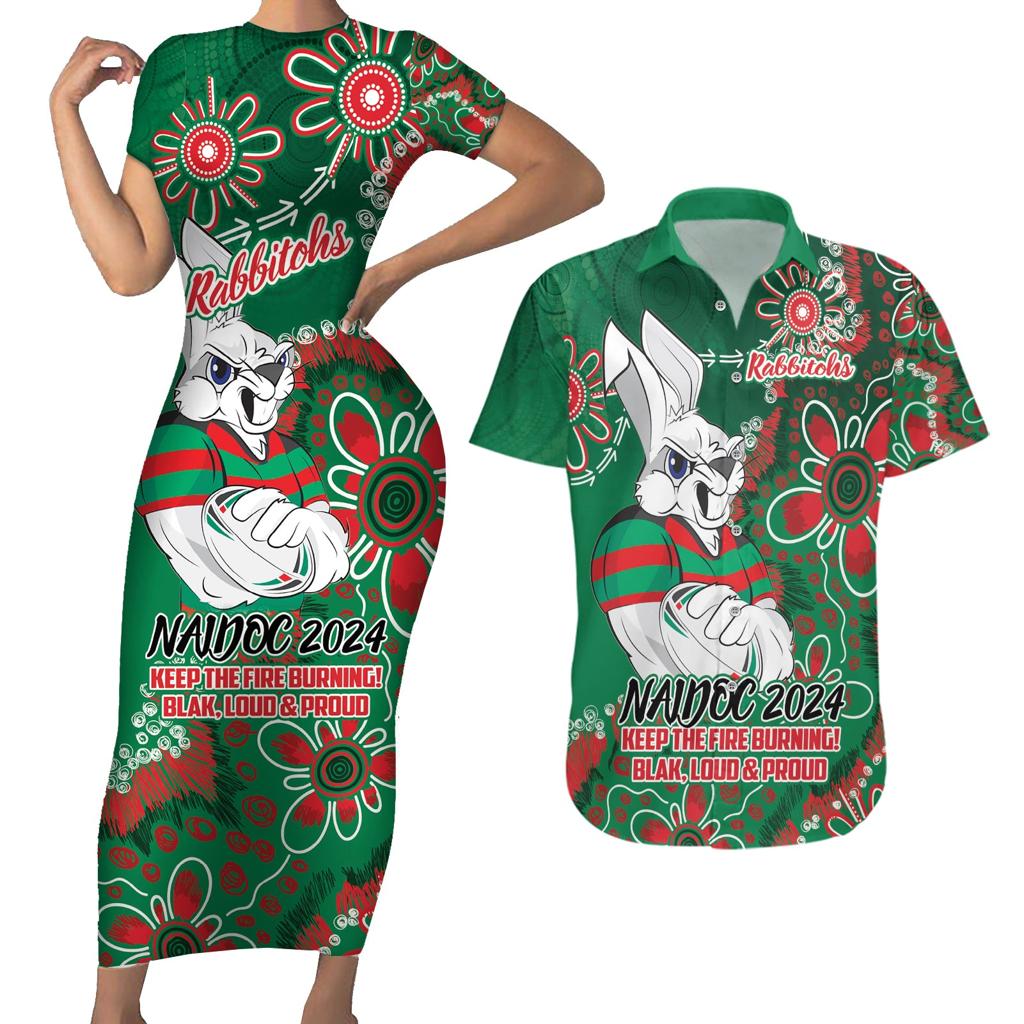 Personalised Rabbitohs NAIDOC Week 2024 Couples Matching Short Sleeve Bodycon Dress and Hawaiian Shirt Aboriginal Fire Burning Sparks