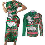 Personalised Rabbitohs NAIDOC Week 2024 Couples Matching Short Sleeve Bodycon Dress and Long Sleeve Button Shirt Aboriginal Fire Burning Sparks