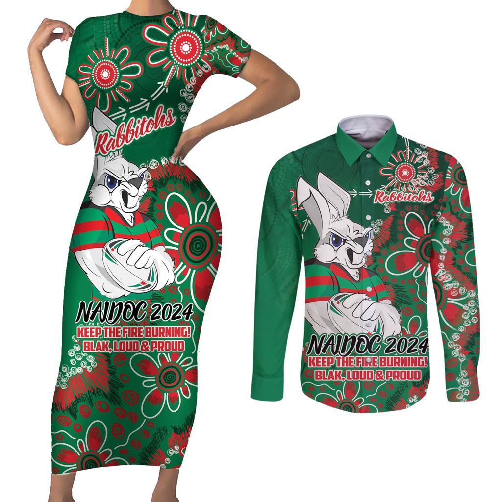 Personalised Rabbitohs NAIDOC Week 2024 Couples Matching Short Sleeve Bodycon Dress and Long Sleeve Button Shirt Aboriginal Fire Burning Sparks