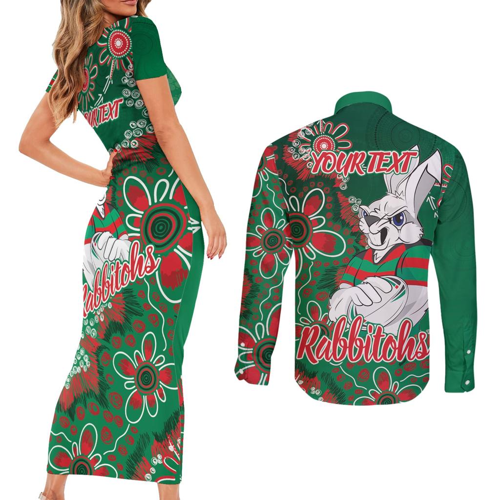 Personalised Rabbitohs NAIDOC Week 2024 Couples Matching Short Sleeve Bodycon Dress and Long Sleeve Button Shirt Aboriginal Fire Burning Sparks
