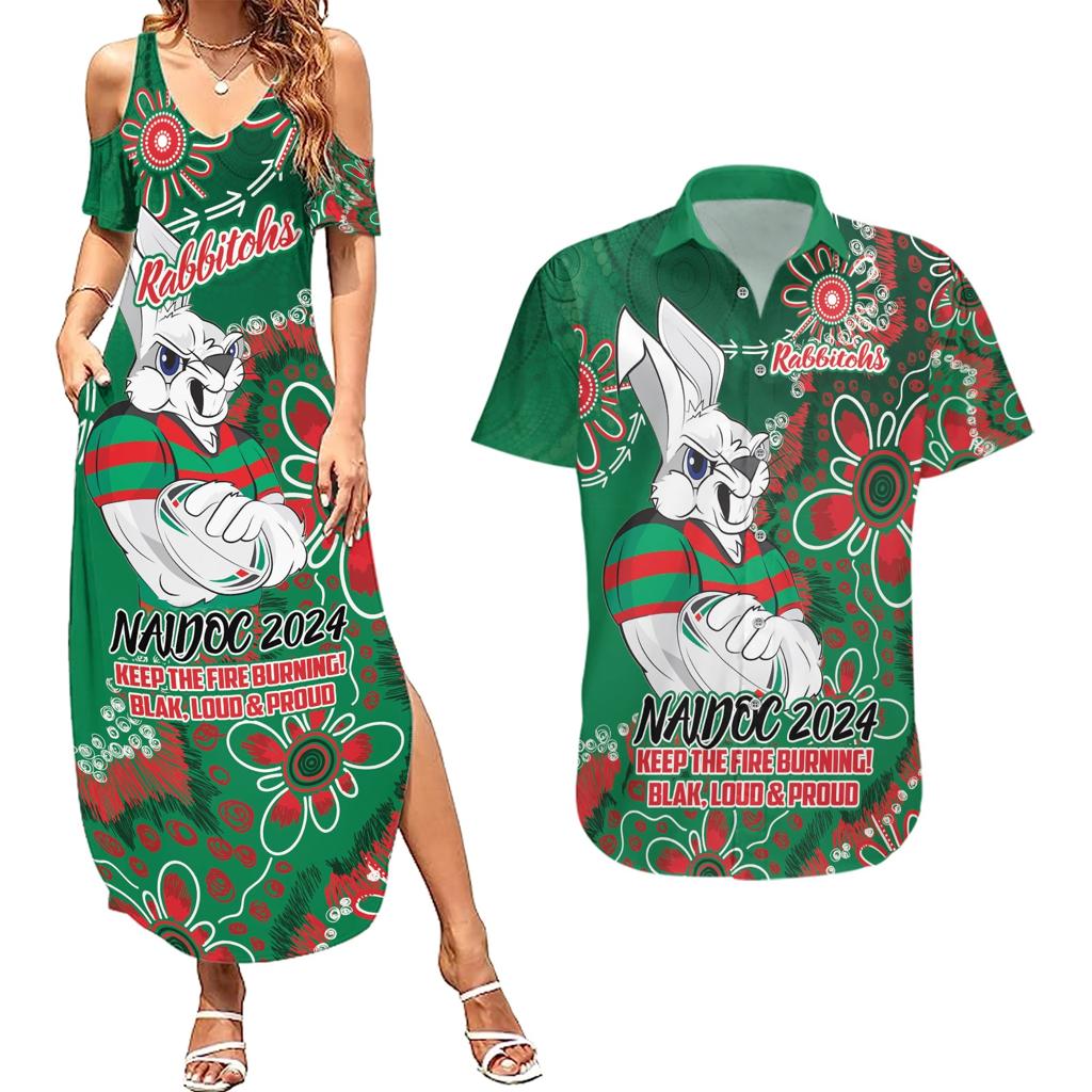 Personalised Rabbitohs NAIDOC Week 2024 Couples Matching Summer Maxi Dress and Hawaiian Shirt Aboriginal Fire Burning Sparks