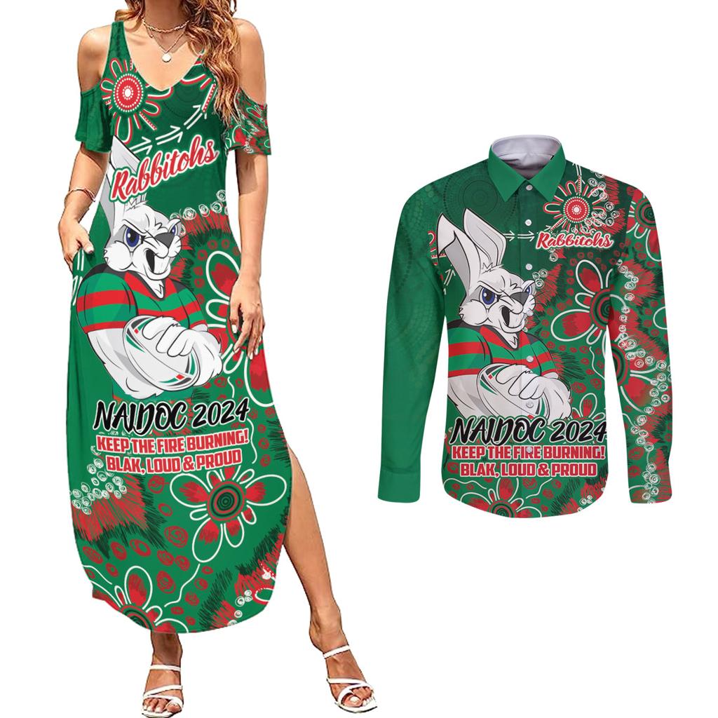 Personalised Rabbitohs NAIDOC Week 2024 Couples Matching Summer Maxi Dress and Long Sleeve Button Shirt Aboriginal Fire Burning Sparks