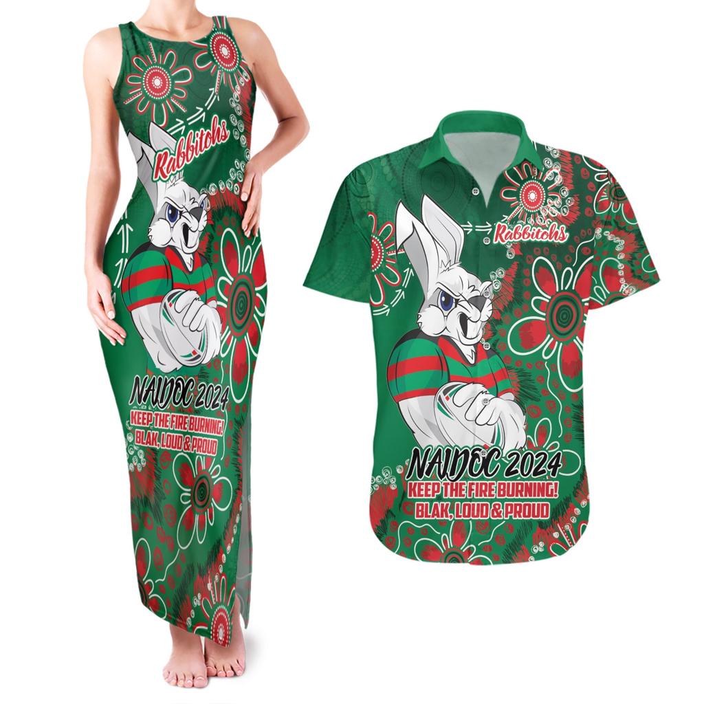 Personalised Rabbitohs NAIDOC Week 2024 Couples Matching Tank Maxi Dress and Hawaiian Shirt Aboriginal Fire Burning Sparks