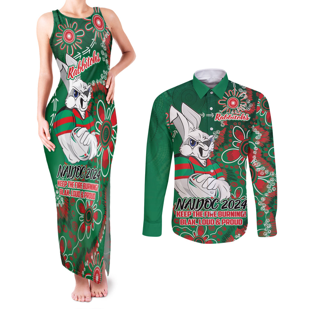 Personalised Rabbitohs NAIDOC Week 2024 Couples Matching Tank Maxi Dress and Long Sleeve Button Shirt Aboriginal Fire Burning Sparks