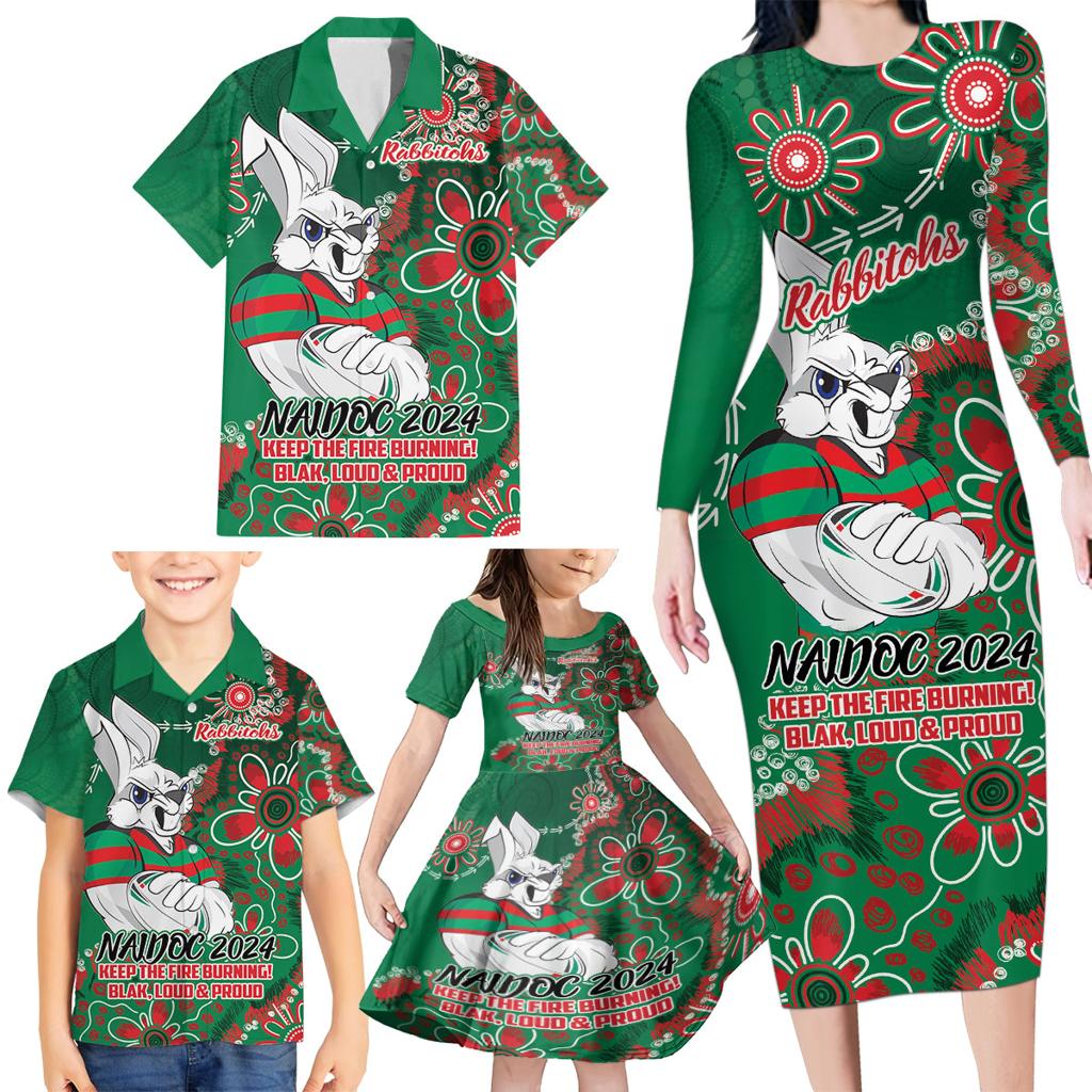 Personalised Rabbitohs NAIDOC Week 2024 Family Matching Long Sleeve Bodycon Dress and Hawaiian Shirt Aboriginal Fire Burning Sparks