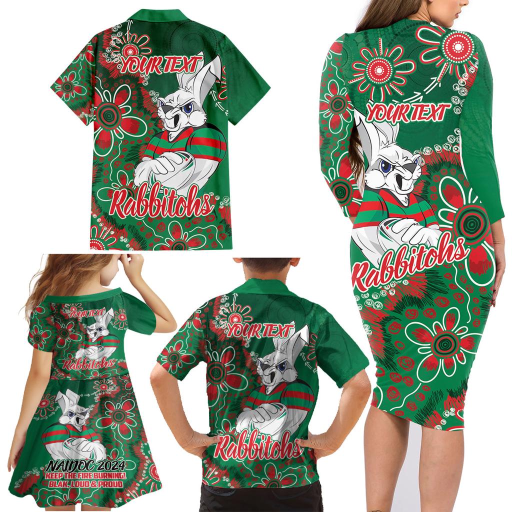 Personalised Rabbitohs NAIDOC Week 2024 Family Matching Long Sleeve Bodycon Dress and Hawaiian Shirt Aboriginal Fire Burning Sparks