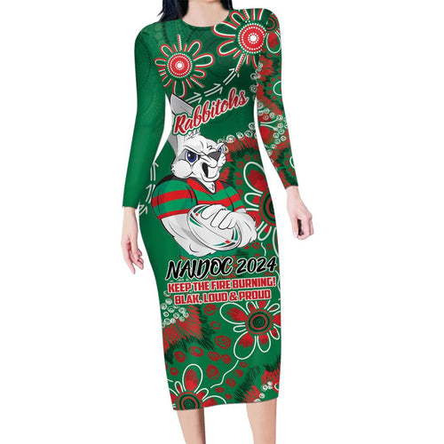 Personalised Rabbitohs NAIDOC Week 2024 Family Matching Long Sleeve Bodycon Dress and Hawaiian Shirt Aboriginal Fire Burning Sparks