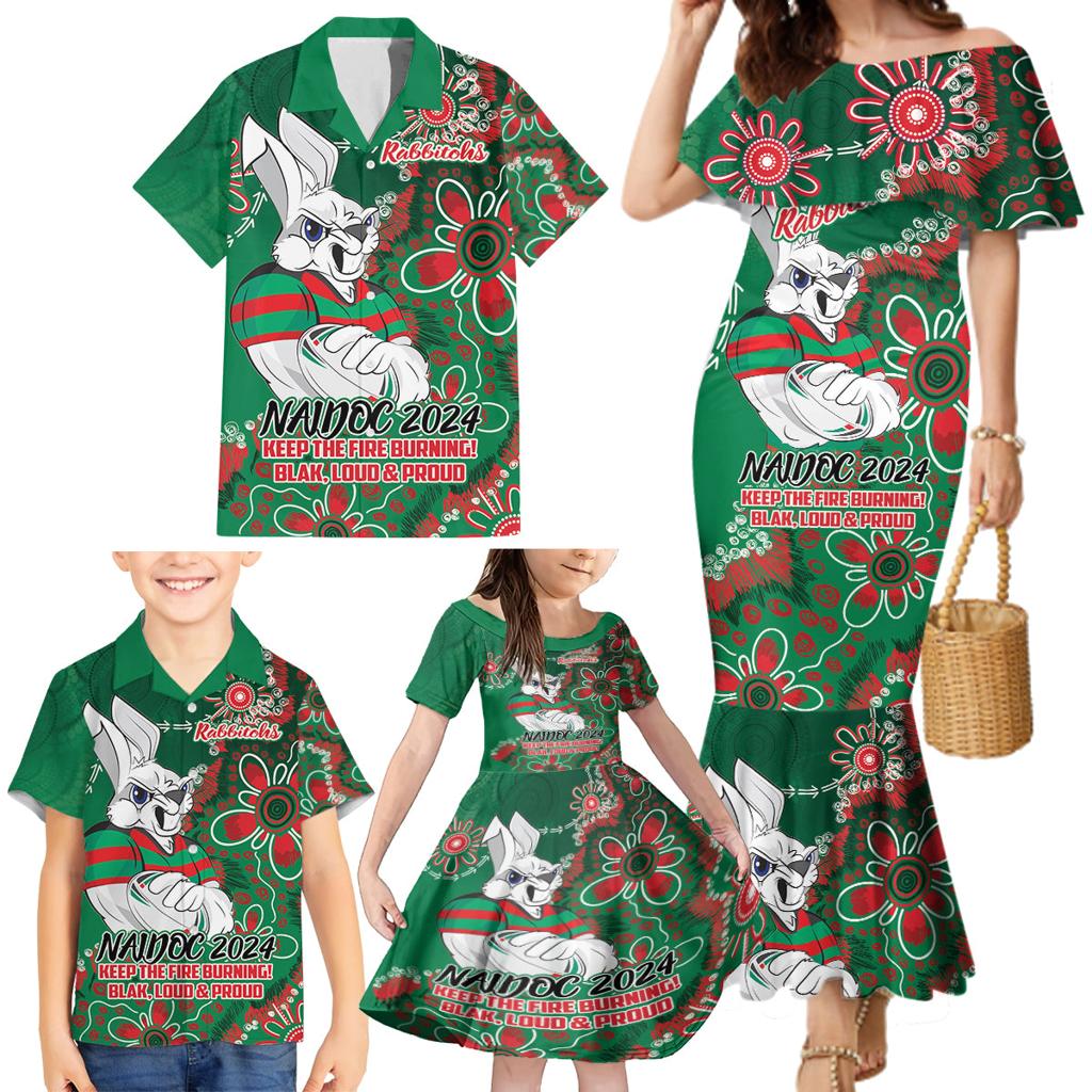 Personalised Rabbitohs NAIDOC Week 2024 Family Matching Mermaid Dress and Hawaiian Shirt Aboriginal Fire Burning Sparks