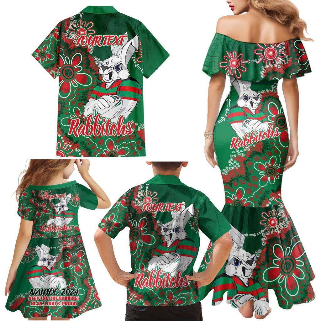 Personalised Rabbitohs NAIDOC Week 2024 Family Matching Mermaid Dress and Hawaiian Shirt Aboriginal Fire Burning Sparks