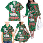 Personalised Rabbitohs NAIDOC Week 2024 Family Matching Off The Shoulder Long Sleeve Dress and Hawaiian Shirt Aboriginal Fire Burning Sparks