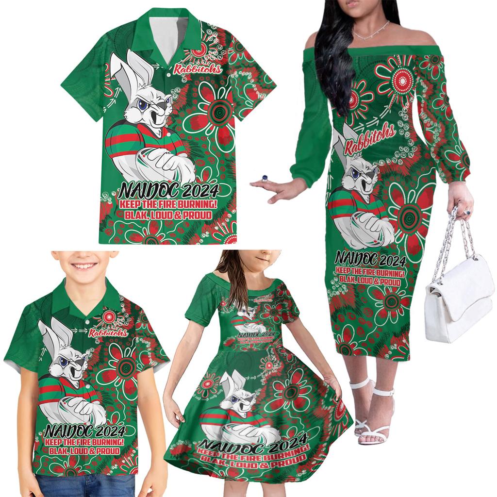 Personalised Rabbitohs NAIDOC Week 2024 Family Matching Off The Shoulder Long Sleeve Dress and Hawaiian Shirt Aboriginal Fire Burning Sparks