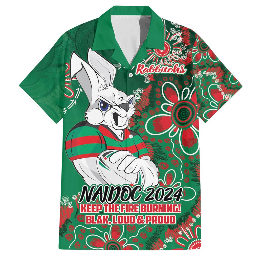 Personalised Rabbitohs NAIDOC Week 2024 Family Matching Off The Shoulder Long Sleeve Dress and Hawaiian Shirt Aboriginal Fire Burning Sparks