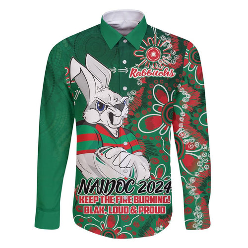 Personalised Rabbitohs NAIDOC Week 2024 Family Matching Off The Shoulder Long Sleeve Dress and Hawaiian Shirt Aboriginal Fire Burning Sparks