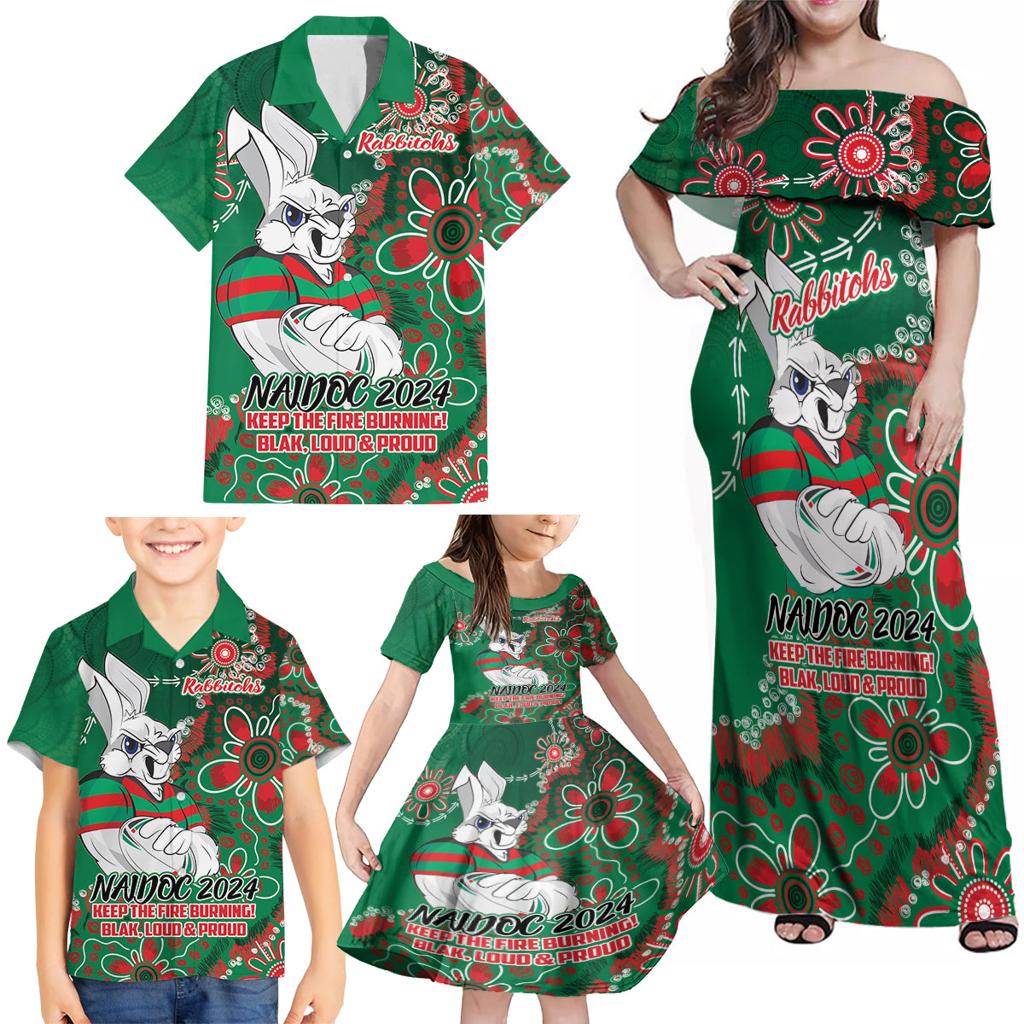 Personalised Rabbitohs NAIDOC Week 2024 Family Matching Off Shoulder Maxi Dress and Hawaiian Shirt Aboriginal Fire Burning Sparks