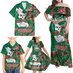 Personalised Rabbitohs NAIDOC Week 2024 Family Matching Off Shoulder Maxi Dress and Hawaiian Shirt Aboriginal Fire Burning Sparks