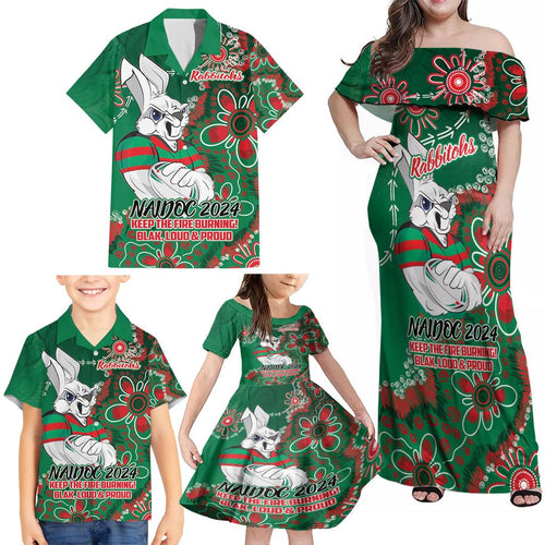 Personalised Rabbitohs NAIDOC Week 2024 Family Matching Off Shoulder Maxi Dress and Hawaiian Shirt Aboriginal Fire Burning Sparks