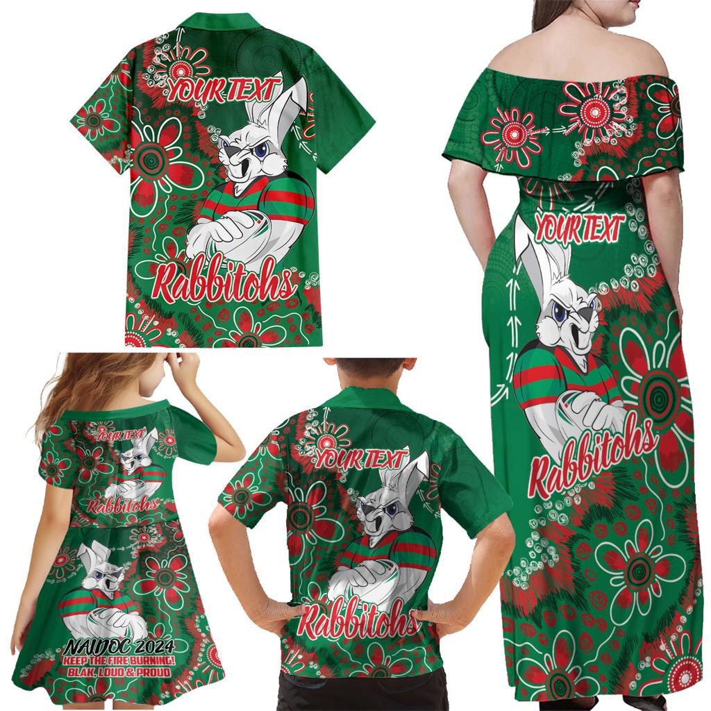 Personalised Rabbitohs NAIDOC Week 2024 Family Matching Off Shoulder Maxi Dress and Hawaiian Shirt Aboriginal Fire Burning Sparks