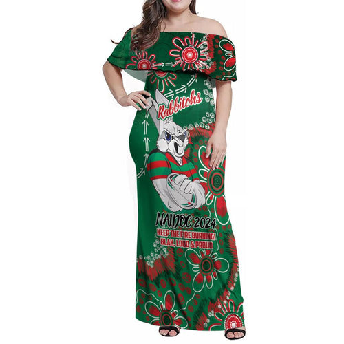 Personalised Rabbitohs NAIDOC Week 2024 Family Matching Off Shoulder Maxi Dress and Hawaiian Shirt Aboriginal Fire Burning Sparks