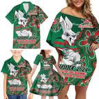 Personalised Rabbitohs NAIDOC Week 2024 Family Matching Off Shoulder Short Dress and Hawaiian Shirt Aboriginal Fire Burning Sparks