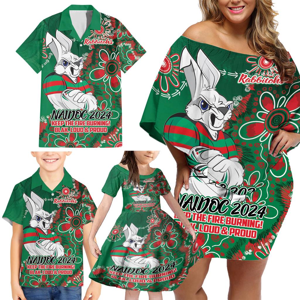 Personalised Rabbitohs NAIDOC Week 2024 Family Matching Off Shoulder Short Dress and Hawaiian Shirt Aboriginal Fire Burning Sparks