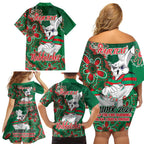 Personalised Rabbitohs NAIDOC Week 2024 Family Matching Off Shoulder Short Dress and Hawaiian Shirt Aboriginal Fire Burning Sparks