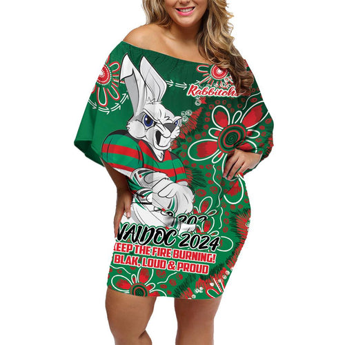 Personalised Rabbitohs NAIDOC Week 2024 Family Matching Off Shoulder Short Dress and Hawaiian Shirt Aboriginal Fire Burning Sparks