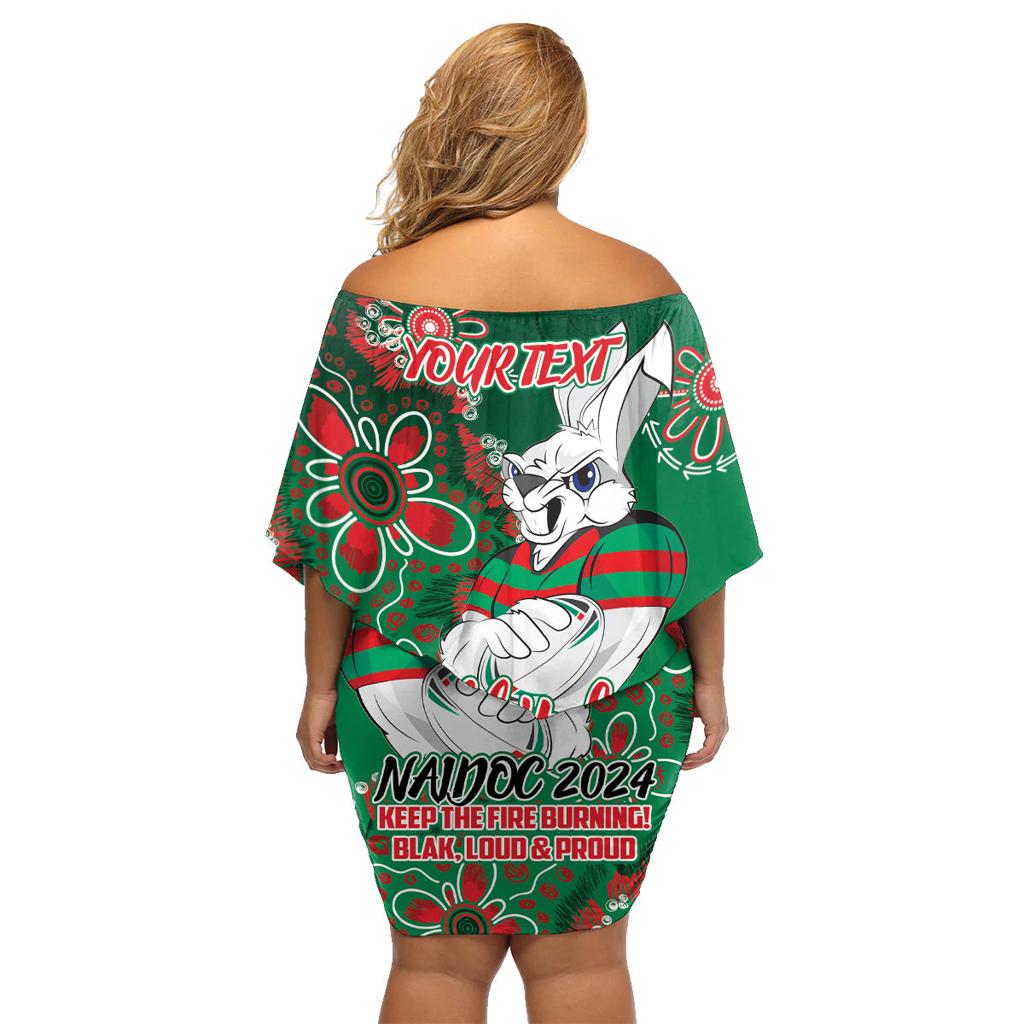 Personalised Rabbitohs NAIDOC Week 2024 Family Matching Off Shoulder Short Dress and Hawaiian Shirt Aboriginal Fire Burning Sparks