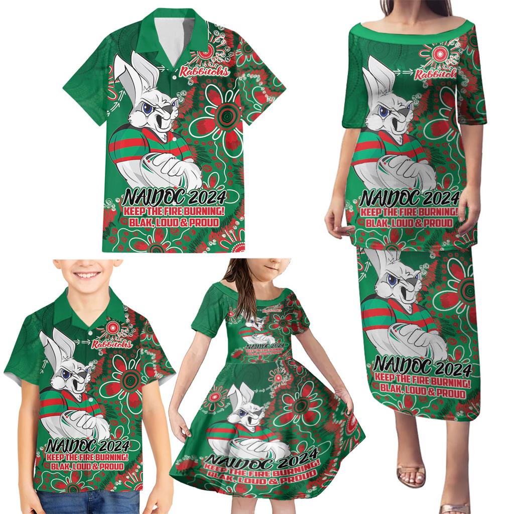 Personalised Rabbitohs NAIDOC Week 2024 Family Matching Puletasi and Hawaiian Shirt Aboriginal Fire Burning Sparks