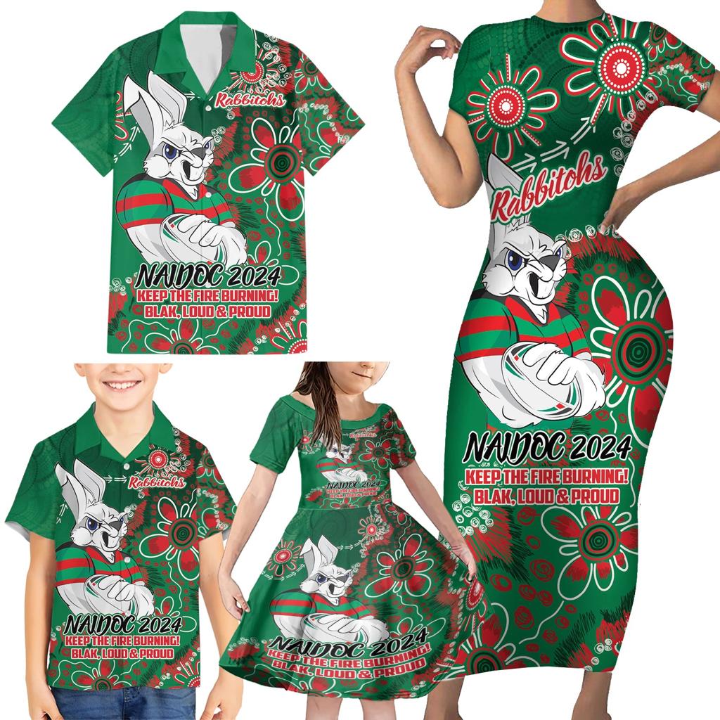 Personalised Rabbitohs NAIDOC Week 2024 Family Matching Short Sleeve Bodycon Dress and Hawaiian Shirt Aboriginal Fire Burning Sparks