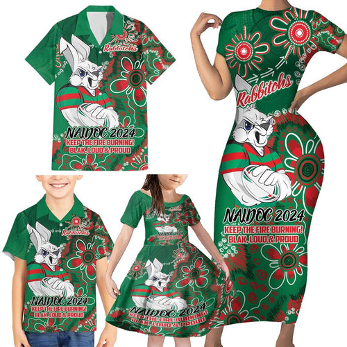Personalised Rabbitohs NAIDOC Week 2024 Family Matching Short Sleeve Bodycon Dress and Hawaiian Shirt Aboriginal Fire Burning Sparks