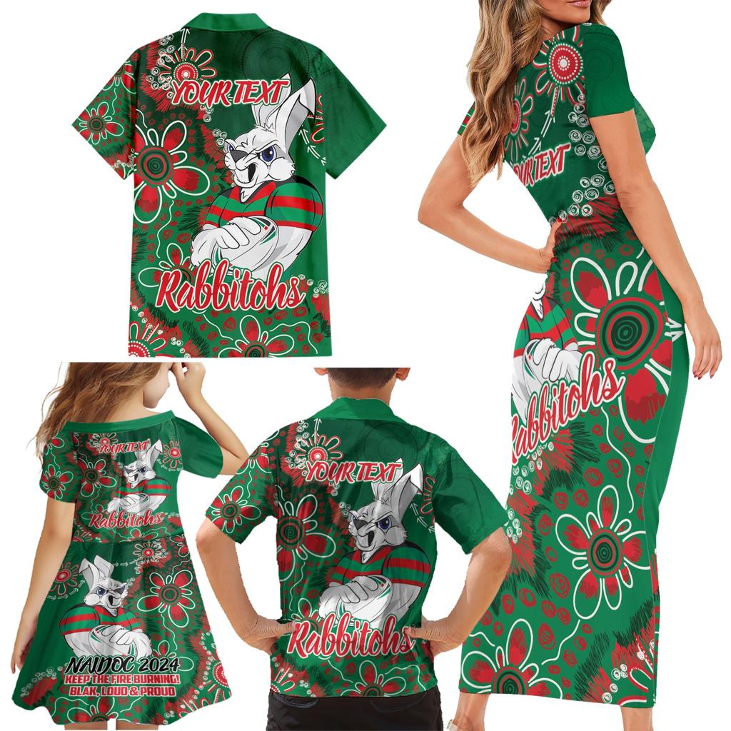 Personalised Rabbitohs NAIDOC Week 2024 Family Matching Short Sleeve Bodycon Dress and Hawaiian Shirt Aboriginal Fire Burning Sparks