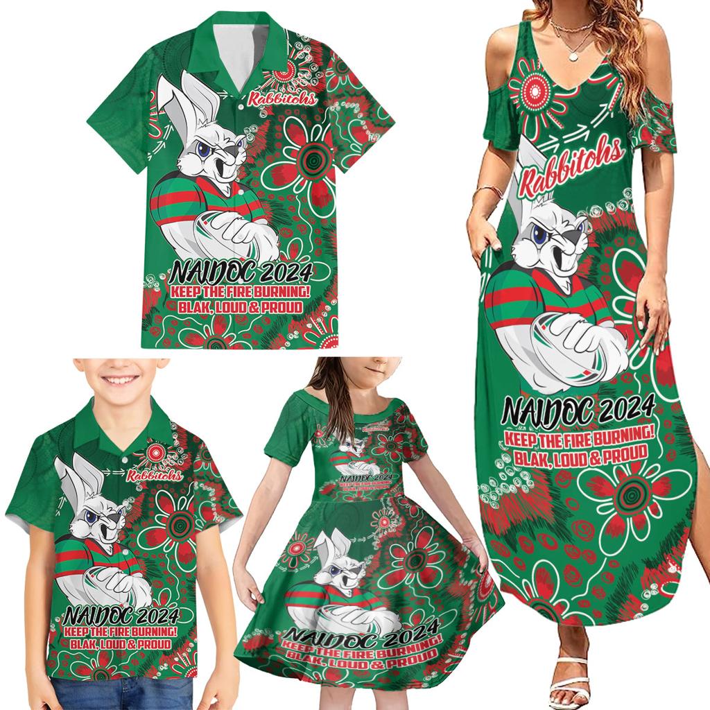 Personalised Rabbitohs NAIDOC Week 2024 Family Matching Summer Maxi Dress and Hawaiian Shirt Aboriginal Fire Burning Sparks