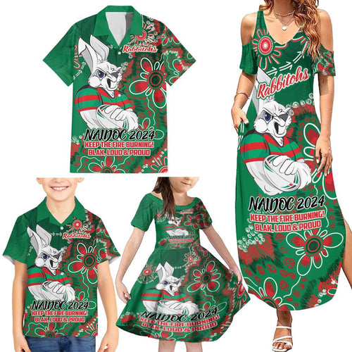Personalised Rabbitohs NAIDOC Week 2024 Family Matching Summer Maxi Dress and Hawaiian Shirt Aboriginal Fire Burning Sparks