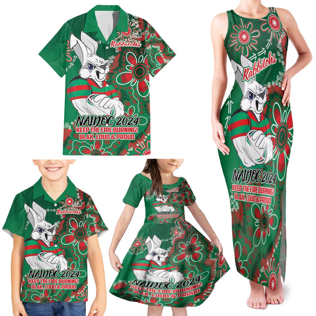 Personalised Rabbitohs NAIDOC Week 2024 Family Matching Tank Maxi Dress and Hawaiian Shirt Aboriginal Fire Burning Sparks
