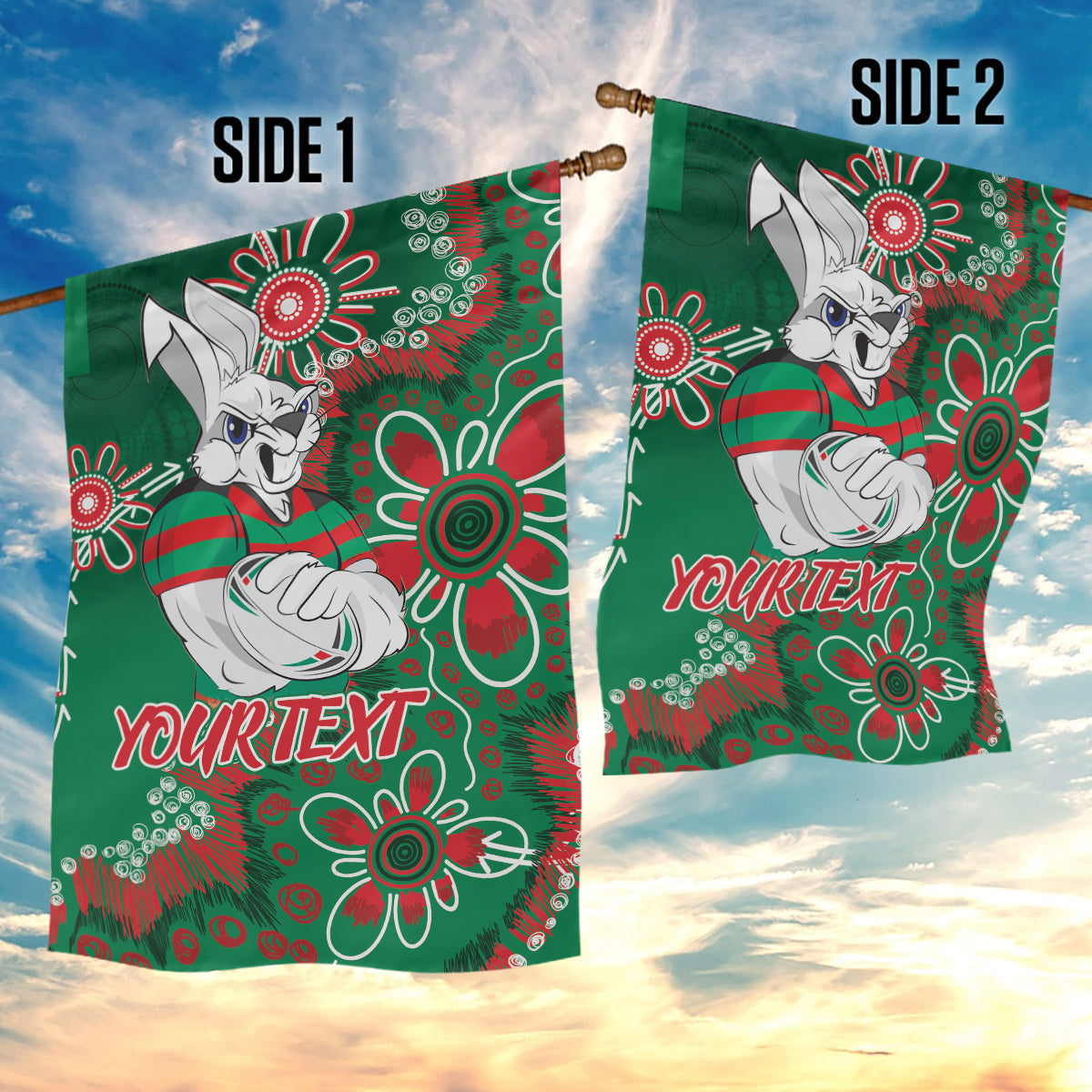 Personalised Rabbitohs NAIDOC Week 2024 Garden Flag Aboriginal Fire Burning Sparks