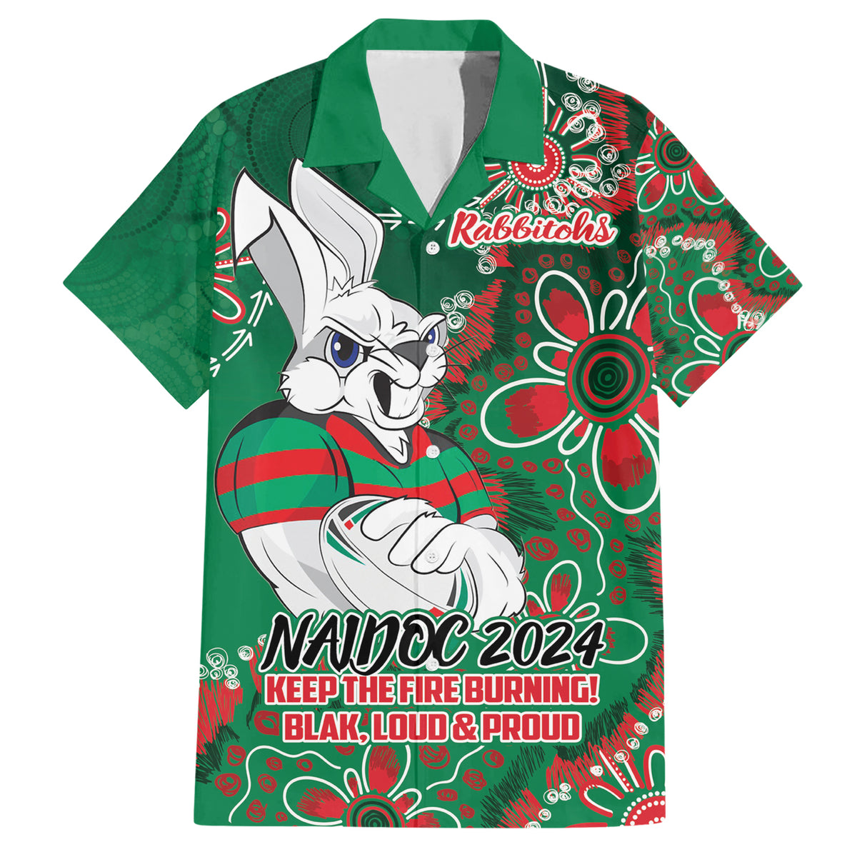Personalised Rabbitohs NAIDOC Week 2024 Hawaiian Shirt Aboriginal Fire Burning Sparks