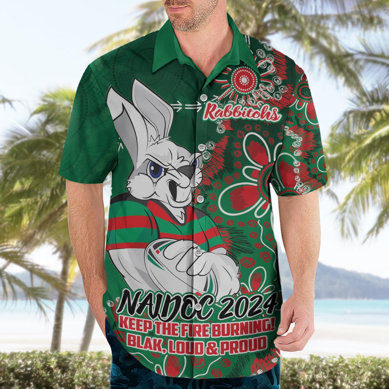 Personalised Rabbitohs NAIDOC Week 2024 Hawaiian Shirt Aboriginal Fire Burning Sparks